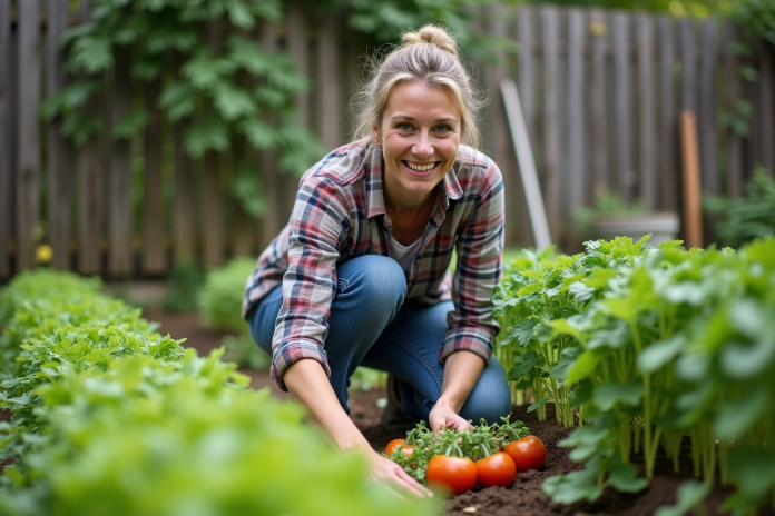 Femme au jardin inspectant des légumes verts et tomates