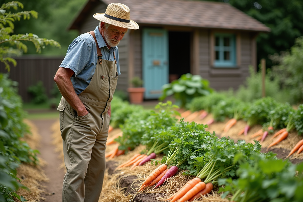 Homme âgé dans un potager avec radis et carottes