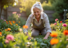 Femme agee jardinant dans son jardin ensoleille