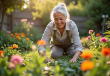 Femme agee jardinant dans son jardin ensoleille