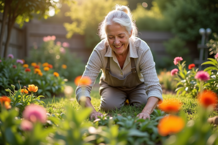 Femme agee jardinant dans son jardin ensoleille