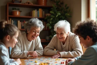 Une famille intergénérationnelle réunie autour d'un jeu de société, avec une grand-mère souriante et ses petits-enfants