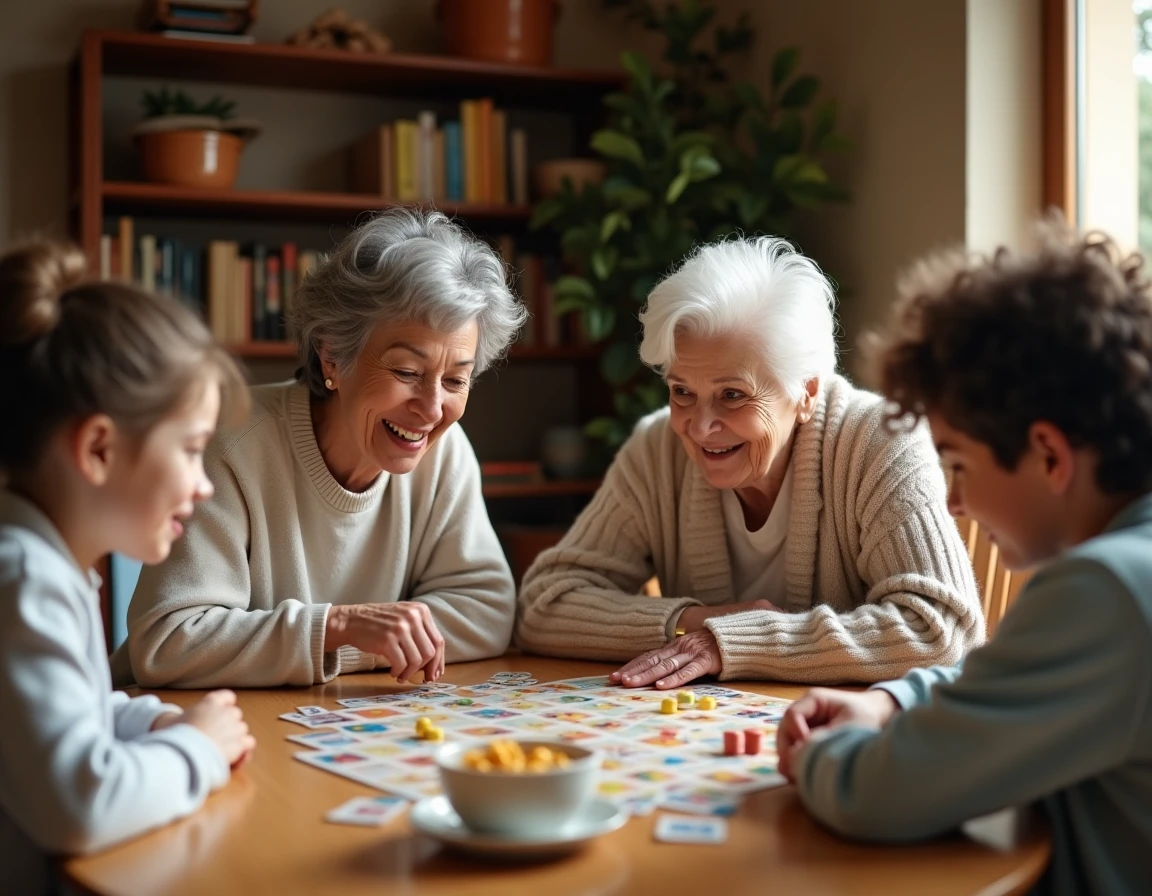 Une famille intergénérationnelle réunie autour d'un jeu de société, avec une grand-mère souriante et ses petits-enfants