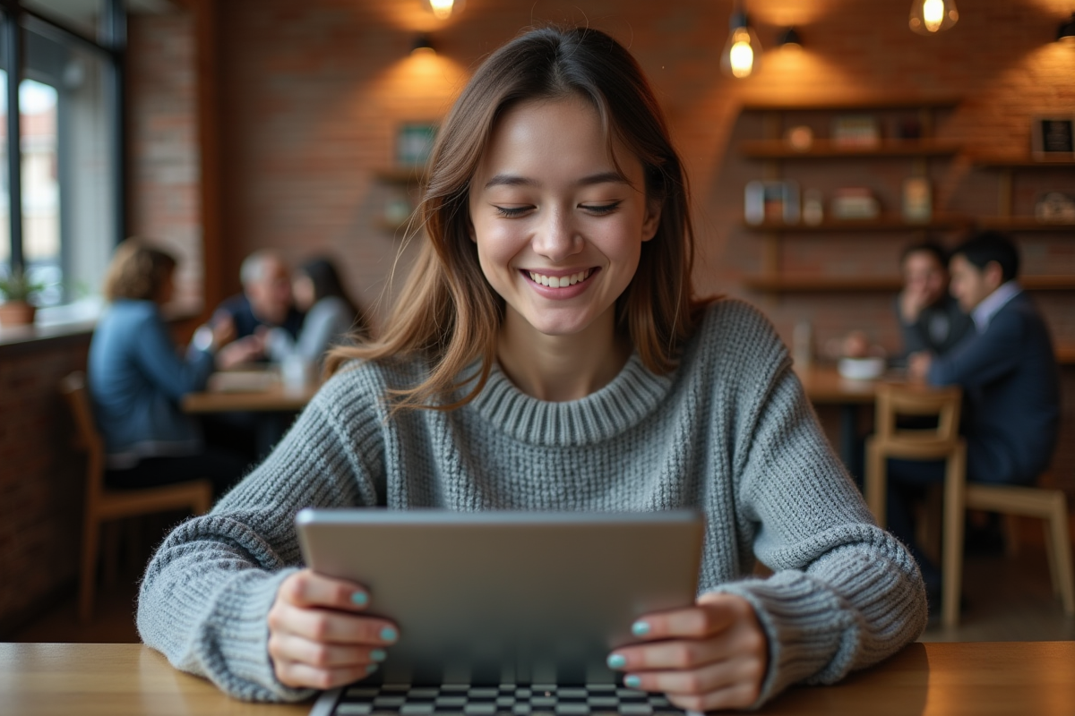 Jeune femme souriante jouant aux échecs sur une tablette au café