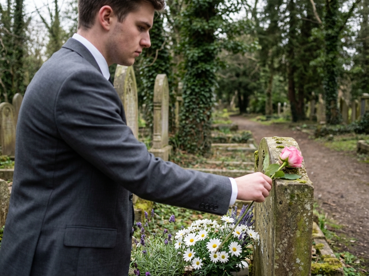 Jeune homme déposé une rose sur une tombe dans un cimetière
