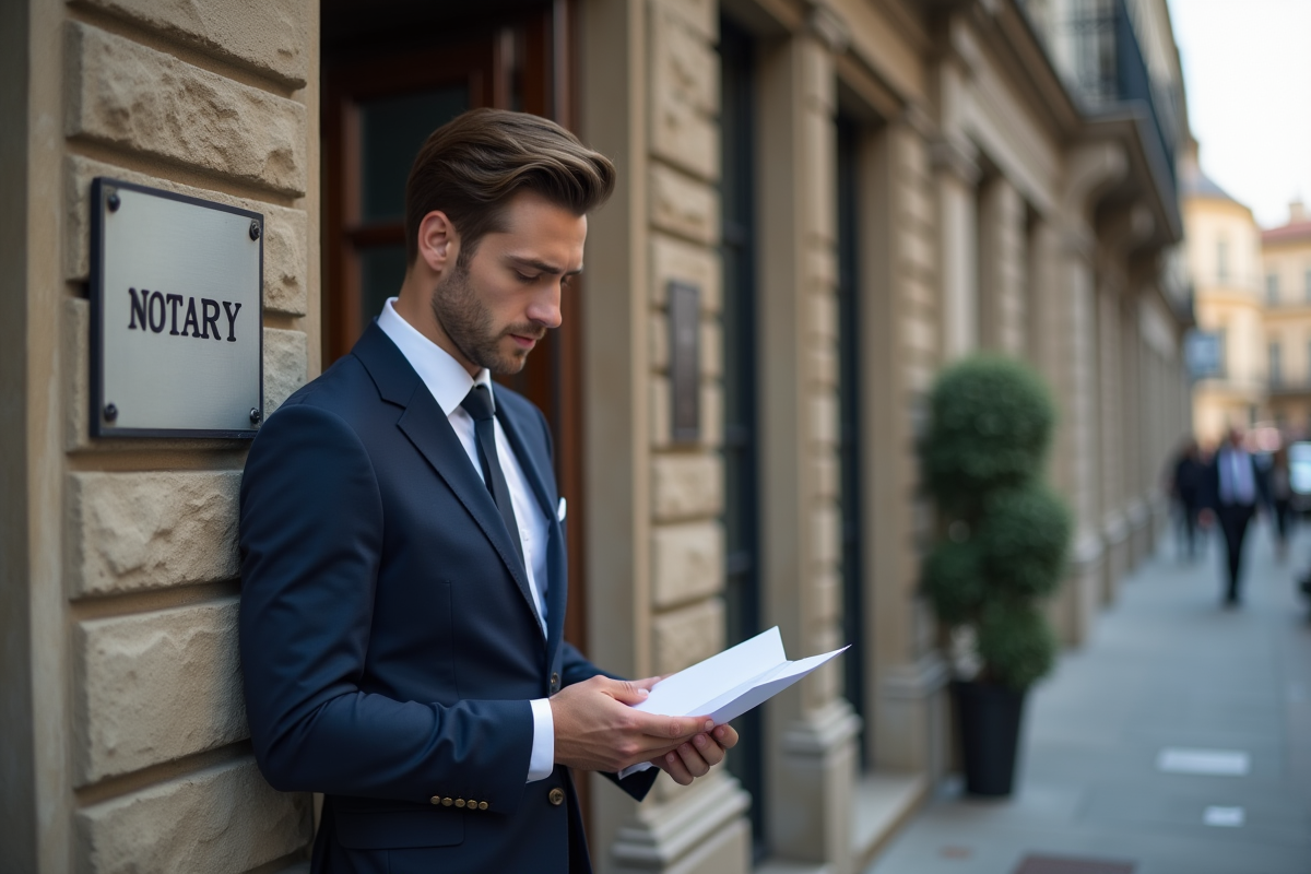 Jeune homme en costume lit une enveloppe officielle dehors