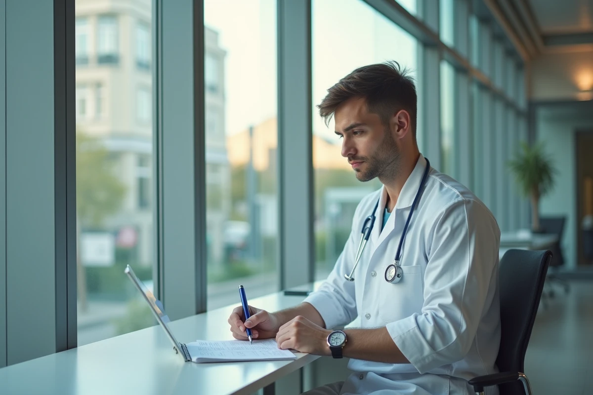 Jeune infirmier travaillant a un bureau lumineux