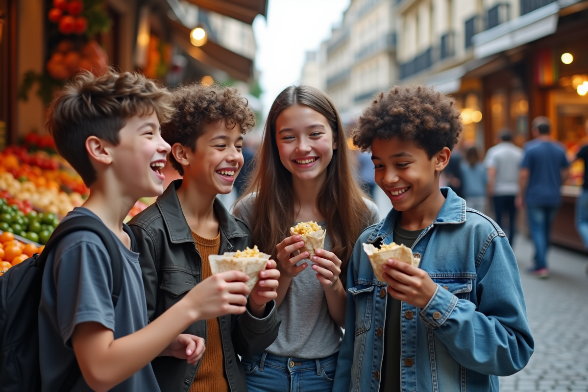Jeunes divers partageant un snack dans un marché animé