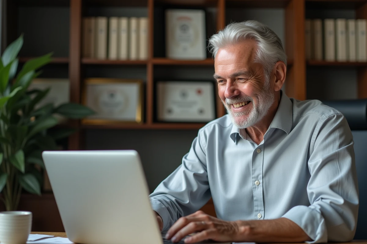 Homme proche de la retraite lisant un message d'adieu collectif sur son ordinateur portable au bureau