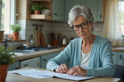 Femme âgée de plus de 65 ans examinant un contrat de location à la table de sa cuisine
