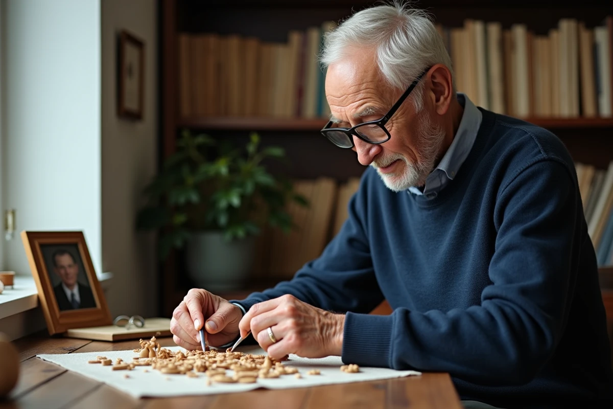 Homme âgé concentré sur un puzzle en bois lors d'un moment de loisir créatif solitaire