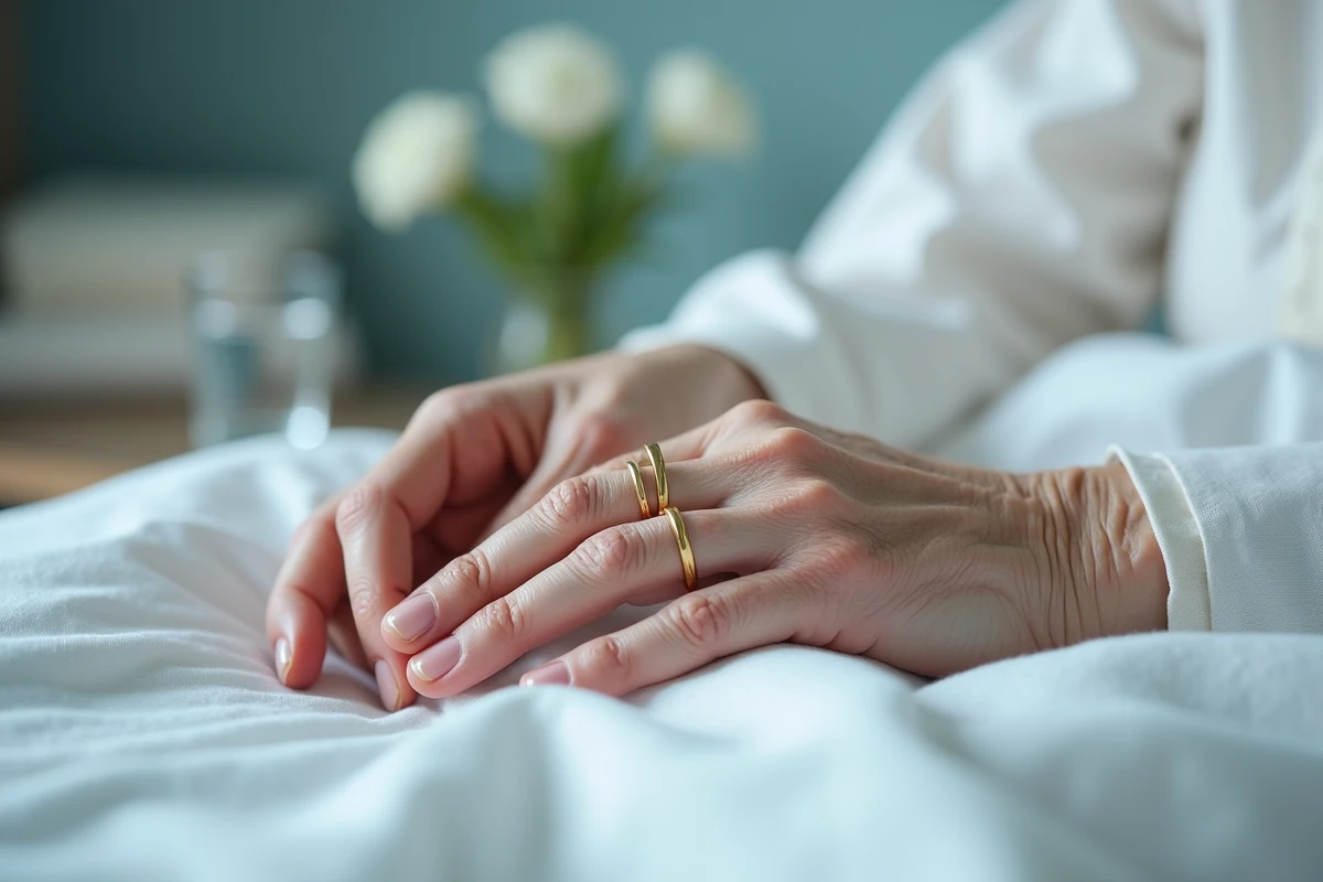 Gros plan sur les mains fragiles d'une personne âgée en fin de vie, veines apparentes et alliance sur lit d'hôpital
