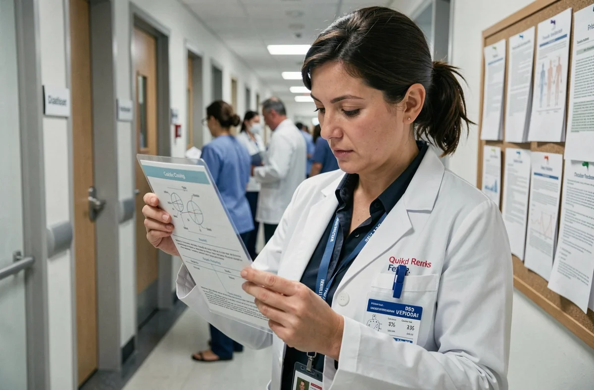Médecin généraliste consultant un protocole rapide du test de l'horloge entre deux consultations dans un couloir médical