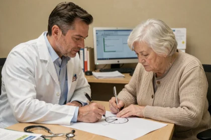 Médecin généraliste faisant passer le test de l'horloge à une patiente âgée en consultation