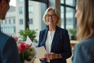 Collègues réunis pour fêter le départ à la retraite d'une femme souriante dans un bureau moderne