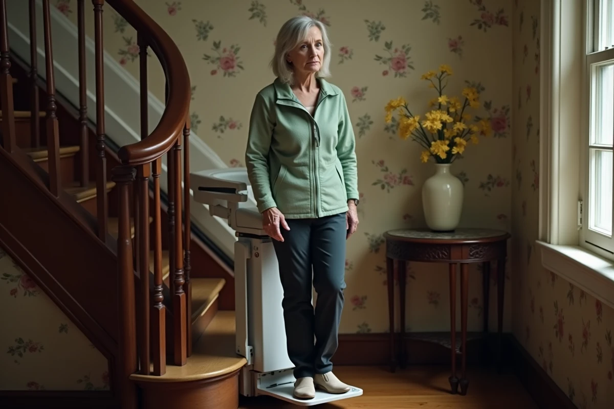 Femme senior déséquilibrée sur un monte-escalier debout sans fixation sur un escalier en courbe en bois, illustration des erreurs d'usage sur escalier non standard
