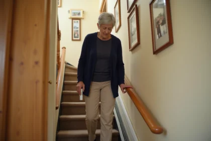 Femme senior utilisant un monte-escalier debout sans installation sur un escalier intérieur moquetté, posture inconfortable due à une mauvaise position des pieds