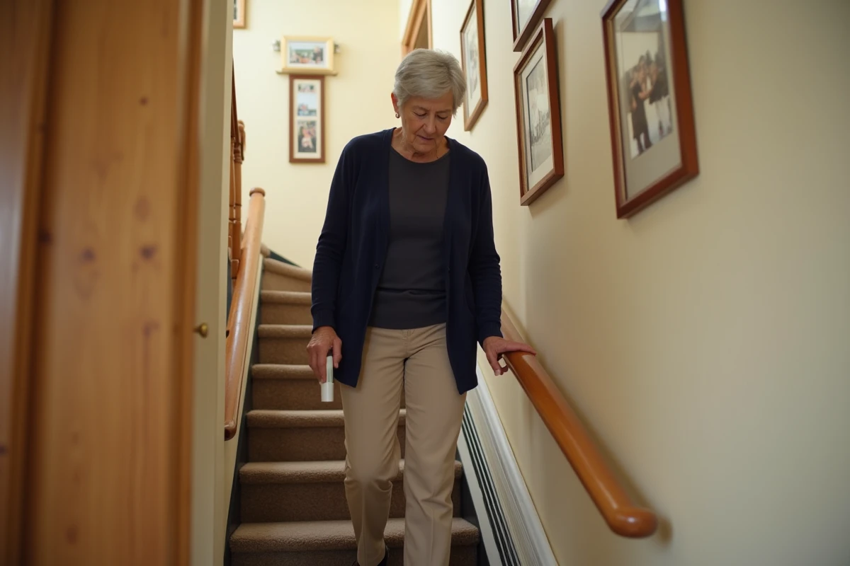 Femme senior utilisant un monte-escalier debout sans installation sur un escalier intérieur moquetté, posture inconfortable due à une mauvaise position des pieds