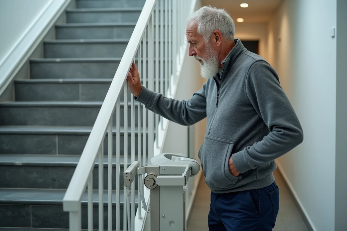 Homme senior inspectant un monte escaliers portable au pied d'un escalier d'appartement en pierre