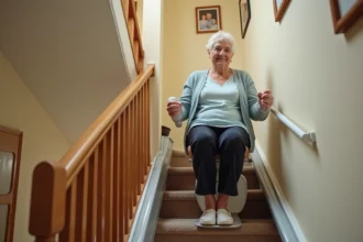 Monte escaliers sans installation fixe utilisé par une femme âgée dans un escalier en bois d'une maison familiale