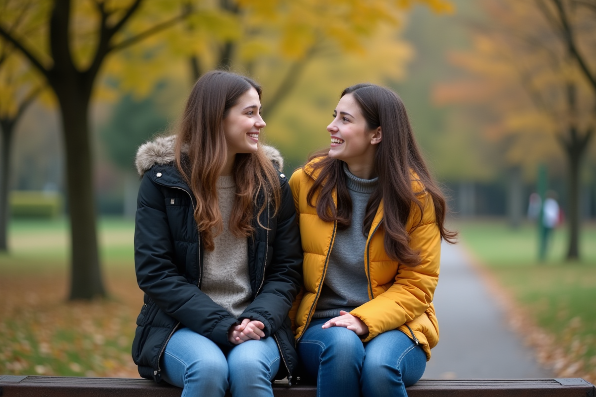 Mère et fille discutant sur un banc dans un parc