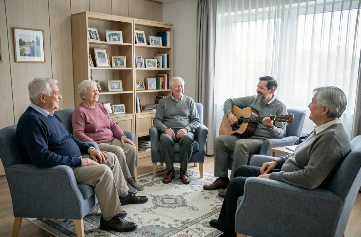 Groupe de résidents âgés en EHPAD lors d'une séance de musicothérapie animée par un thérapeute, approche respectueuse pour personnes avec troubles cognitifs