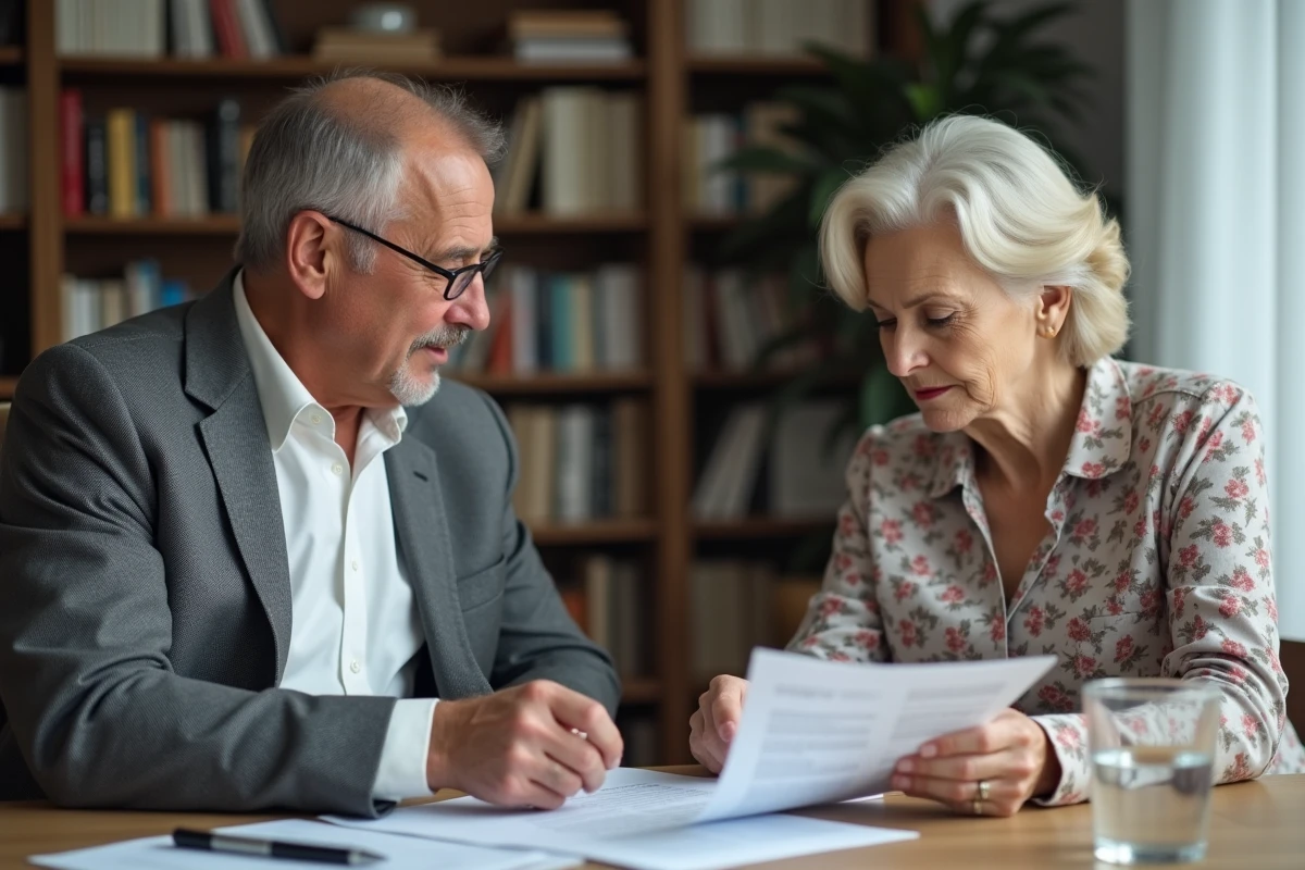 Propriétaire et locataire senior discutant d'une révision de loyer autour d'un document officiel