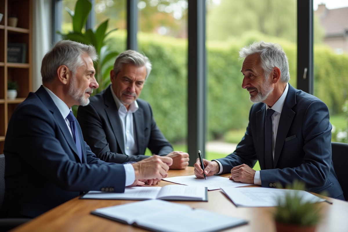 Notaire professionnel examinant des documents avec un couple dans un bureau moderne