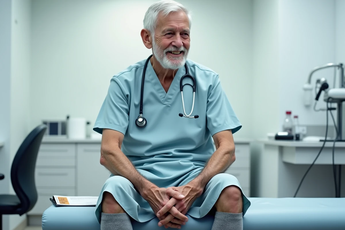 Patient âgé assis en cabinet médical lors d'une consultation sur la faiblesse des jambes et les effets des médicaments