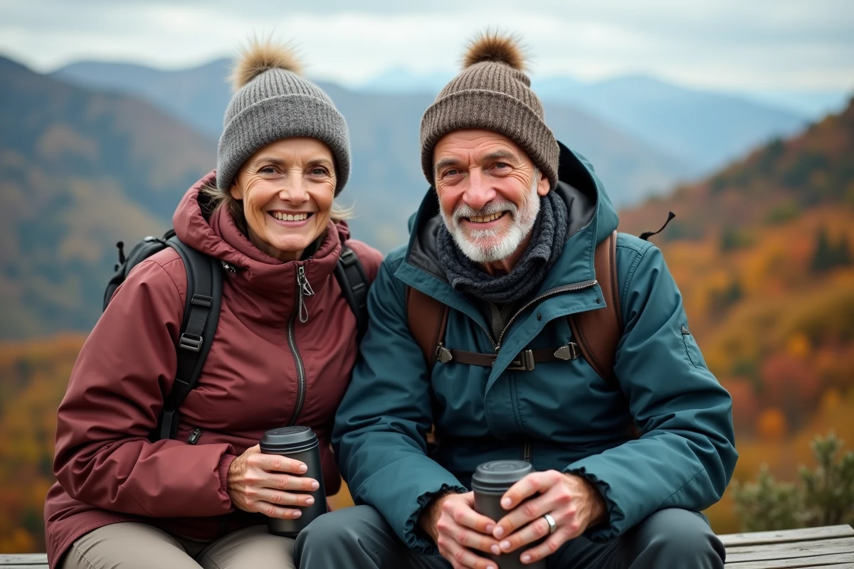 Deux seniors célibataires partageant un café lors d'une pause randonnée avec vue sur la vallée