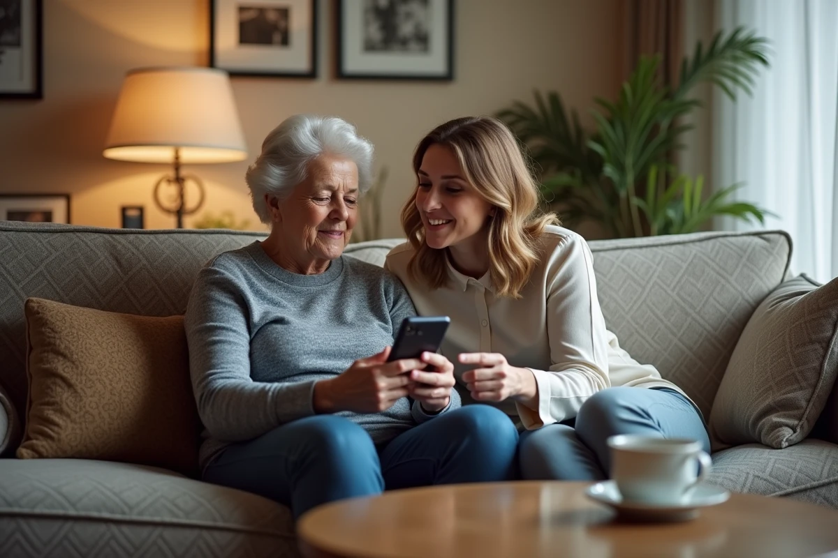 Personne âgée et aide à domicile utilisant ensemble une application de réservation de services sur smartphone dans un salon