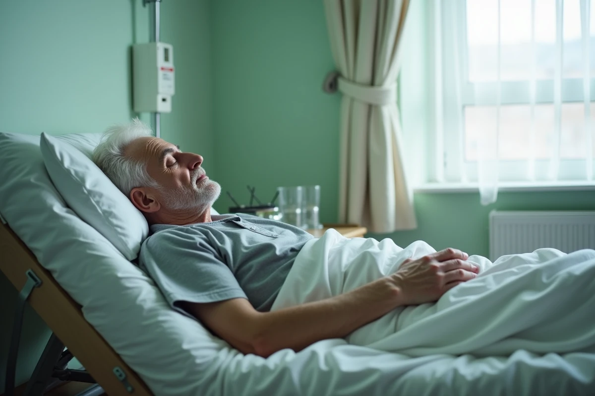Homme âgé dormant dans une chambre médicalisée, évoquant les troubles du sommeil liés à la vieillesse