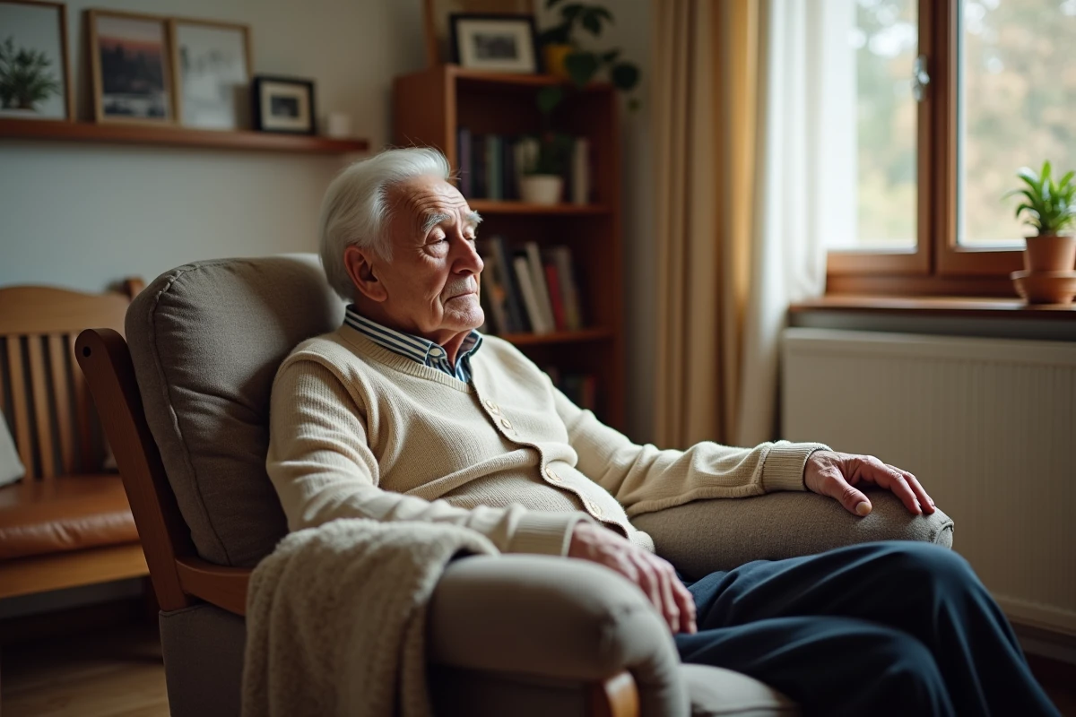 Homme très âgé assis dans un fauteuil en maison de retraite, expression sereine, signe d'un état de fin de vie