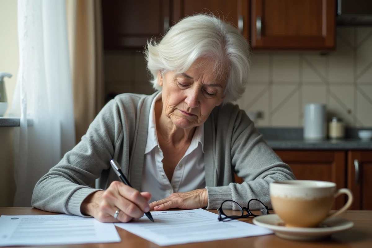 Personne âgée remplissant seule un formulaire de demande d'aide pour financer une maison de retraite