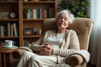 Personne âgée endormie dans un fauteuil de salon, illustrant la somnolence excessive chez les seniors