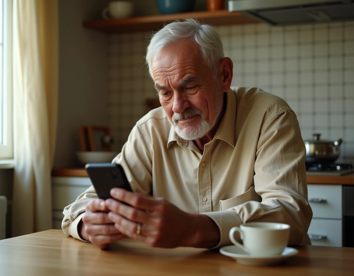 Homme âgé consultant un site officiel de signalement sur smartphone dans une cuisine d'appartement