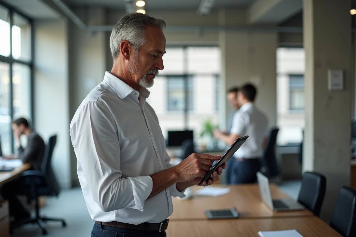Professionnel du droit utilisant une tablette pour accéder à un portail de gestion judiciaire dans un open space moderne