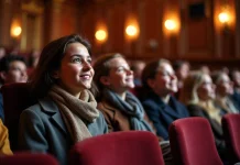 Groupe divers d'adultes et adolescents regardant une pièce de théâtre
