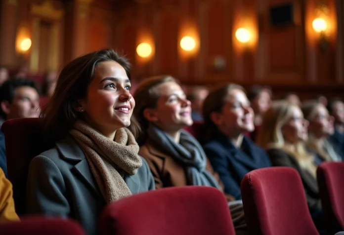 Groupe divers d'adultes et adolescents regardant une pièce de théâtre
