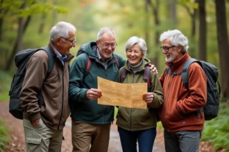 Groupe de randonneurs seniors célibataires partageant un moment convivial sur un sentier forestier