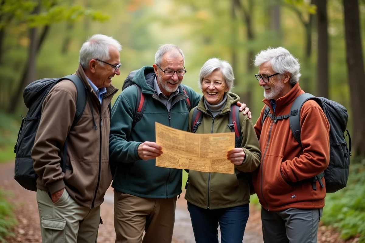 Groupe de randonneurs seniors célibataires partageant un moment convivial sur un sentier forestier