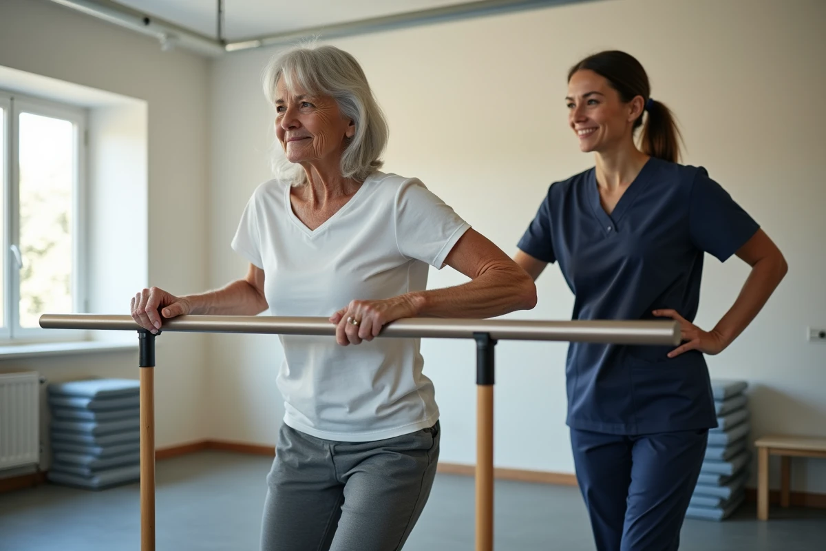Femme senior effectuant un exercice de rééducation de l'équilibre avec une kinésithérapeute dans un centre de réhabilitation
