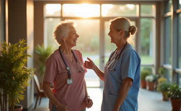 Conditions pour entrer en maison de repos : ce qu’il faut savoir Femme âgée souriante rencontrant une infirmière à l'entrée d'une maison de retraite