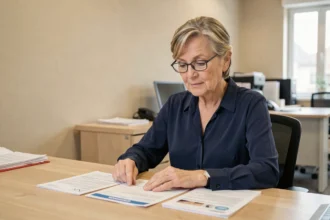 Femme de 70 ans consultant des documents pour le renouvellement de son permis de conduire dans un bureau administratif