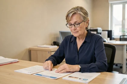 Femme de 70 ans consultant des documents pour le renouvellement de son permis de conduire dans un bureau administratif