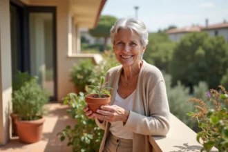 Résidente senior souriante entretenant ses plantes sur le balcon d'une résidence autonomie à Nîmes