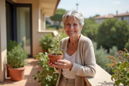 Résidente senior souriante entretenant ses plantes sur le balcon d'une résidence autonomie à Nîmes