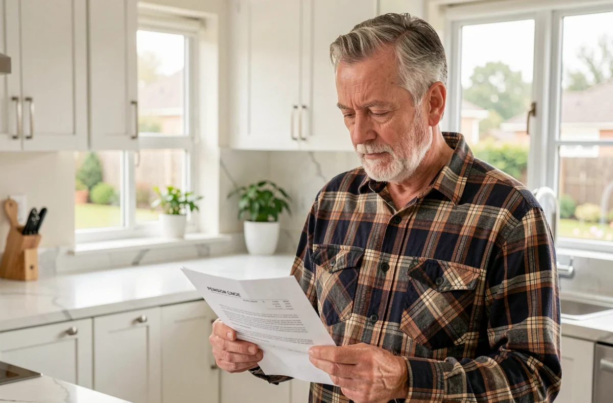 Retraité agent de maîtrise lisant son relevé de pension dans sa cuisine