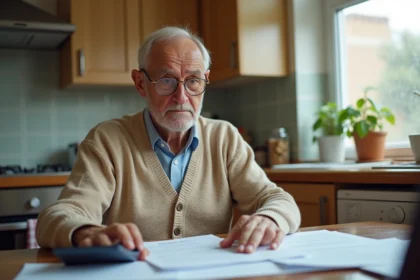 Retraité consultant ses documents de retraite Agirc-Arrco à la table de cuisine avec calculatrice