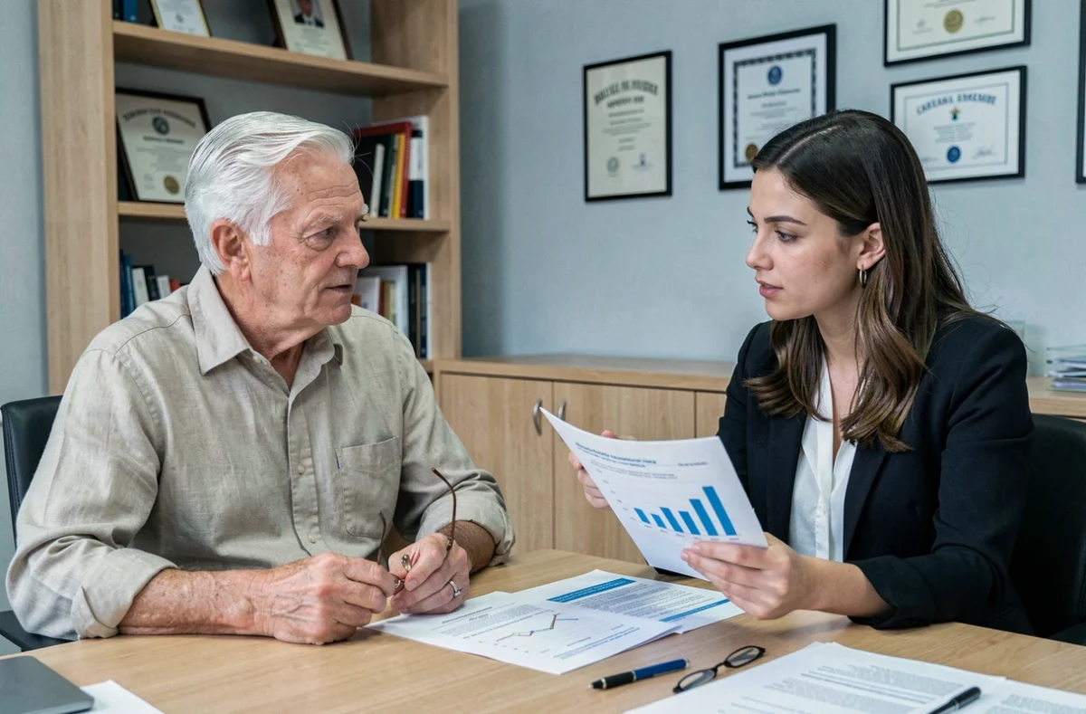 Retraité consultant un conseiller financier pour planifier son épargne et ses droits à l'ASPA avant la retraite